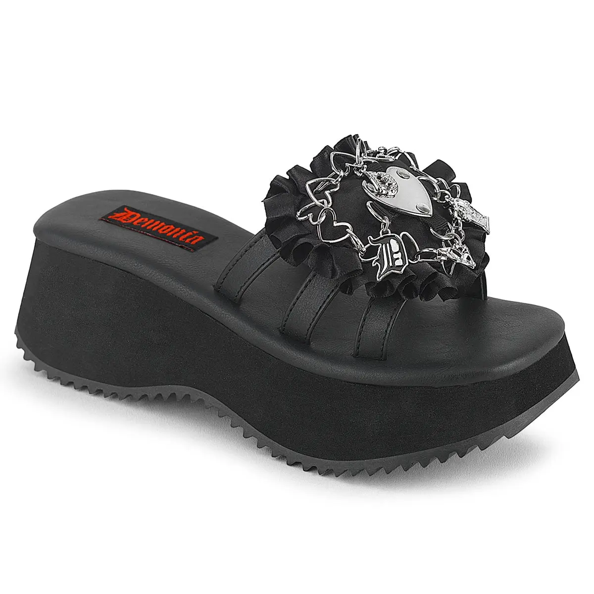 Demonia Women's Flip-16 Black Vegan Leather Sandal with Heart Detail