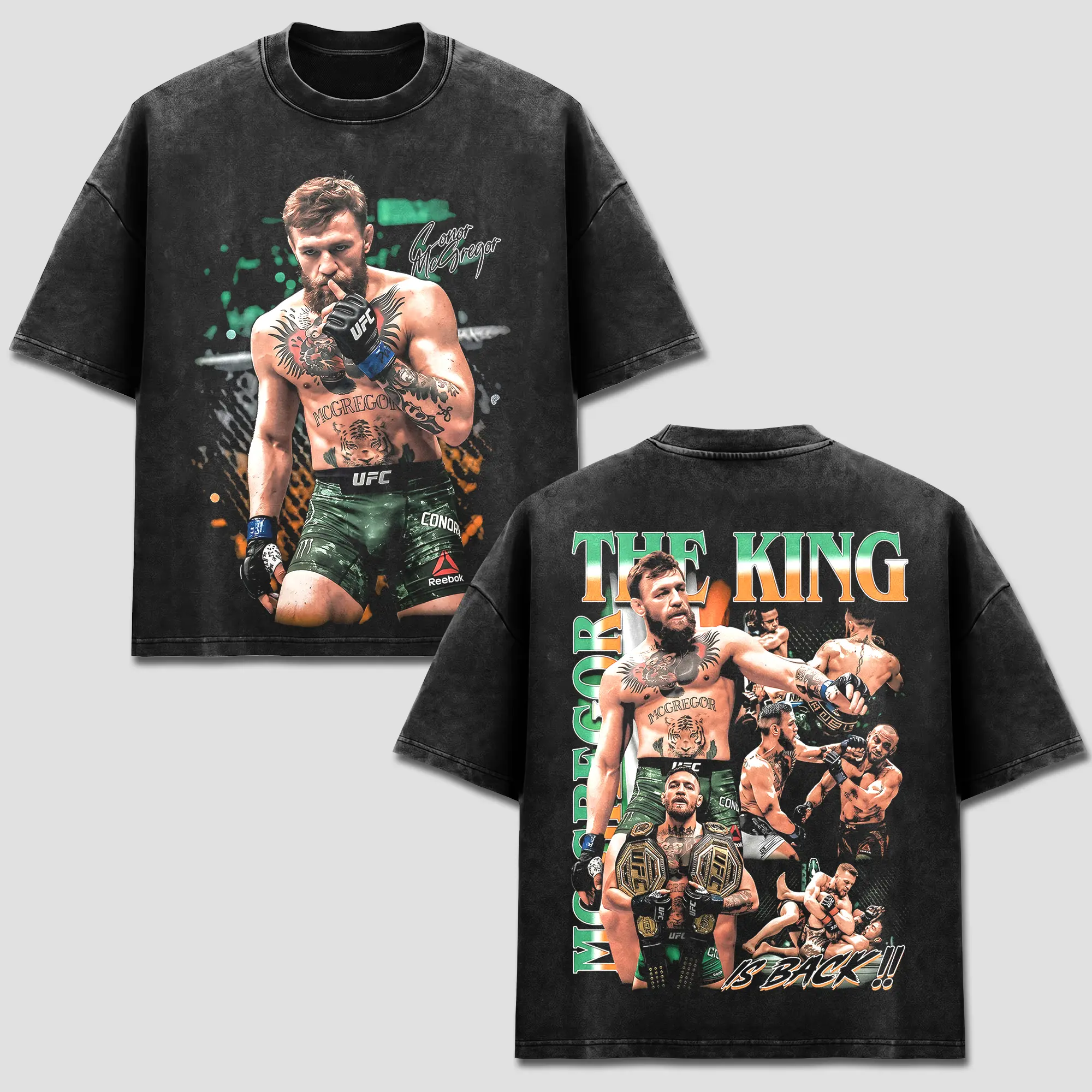Menswear UFC Conor McGregor Classic Cotton Round Neck T-Shirt - The Notorious The King Is Back Vintage MMA Combat Graphic Apparel, Retro 90s Bootleg Short Sleeve Seamless Heavyweight Oversized Black Fan Gift for Men Women, Soft