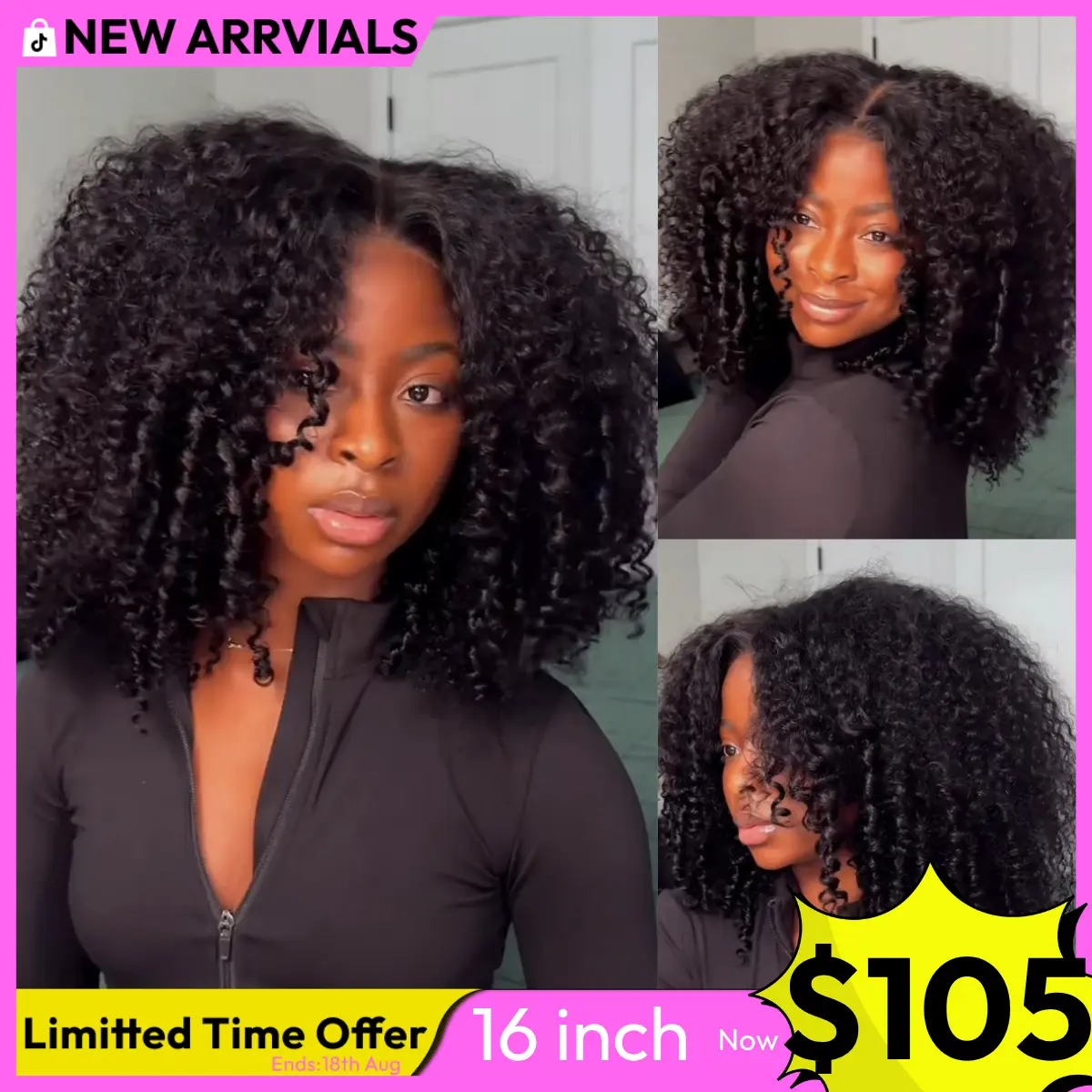 UNice 250% Density Afro Kinky Curly Wig with Layer Coil Ends Pre Bleached Glueless 7x5 HD Lace Closure Human Hair Wigs with Drawstring Pre Plucked Natural Hairline Beginners Friendly summer wig #SoHoChic #TikTokShopBackToSchool
