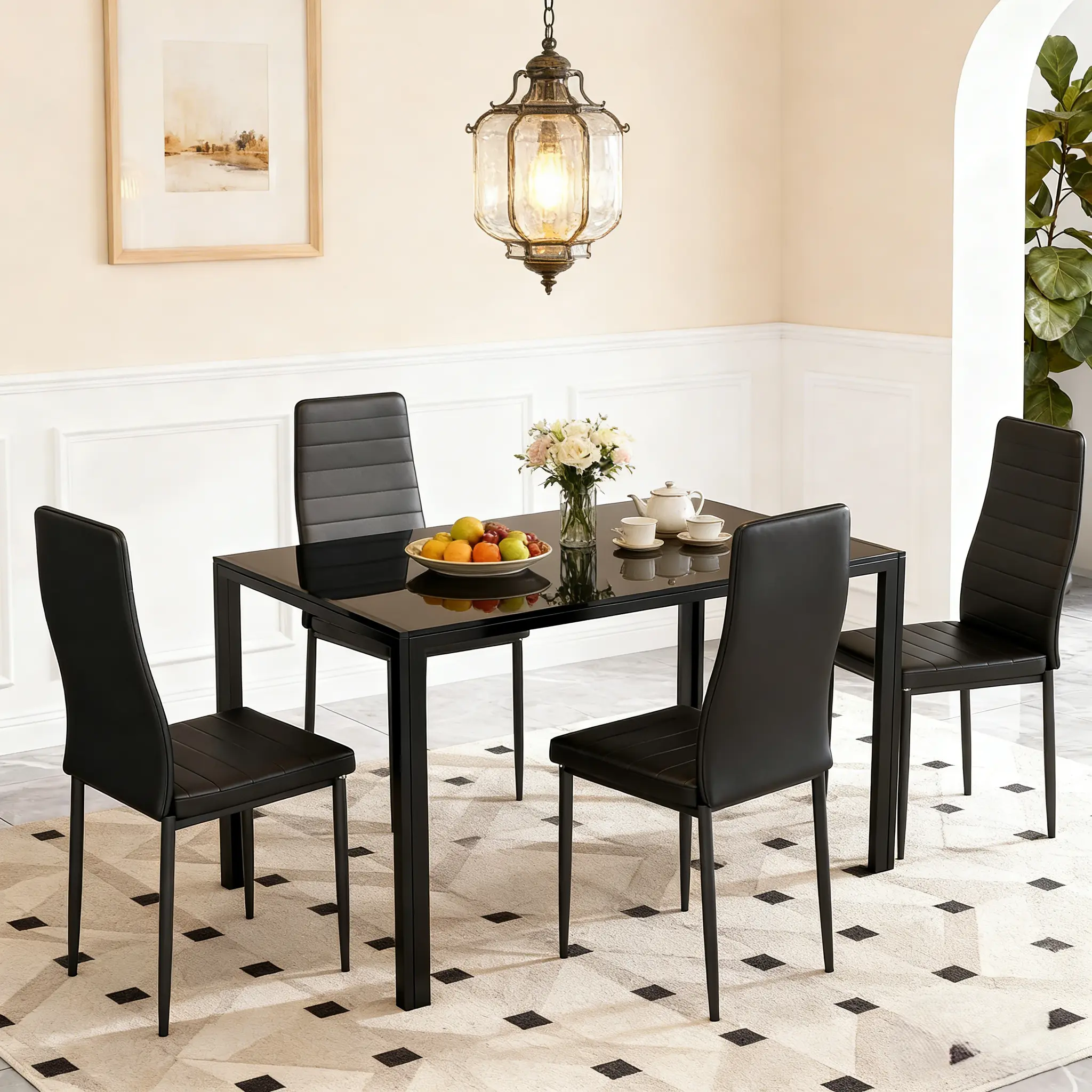 47 in Modern Glass & Metal Dining Set - 4-6 Seaters Rectangular Dining Table Set of 4, Transparent Tempered Glass Top, Sturdy Black Metal Frame, Space-Saving Apartment Furniture for Family Dinners, Conference Table, Easy Assembly
