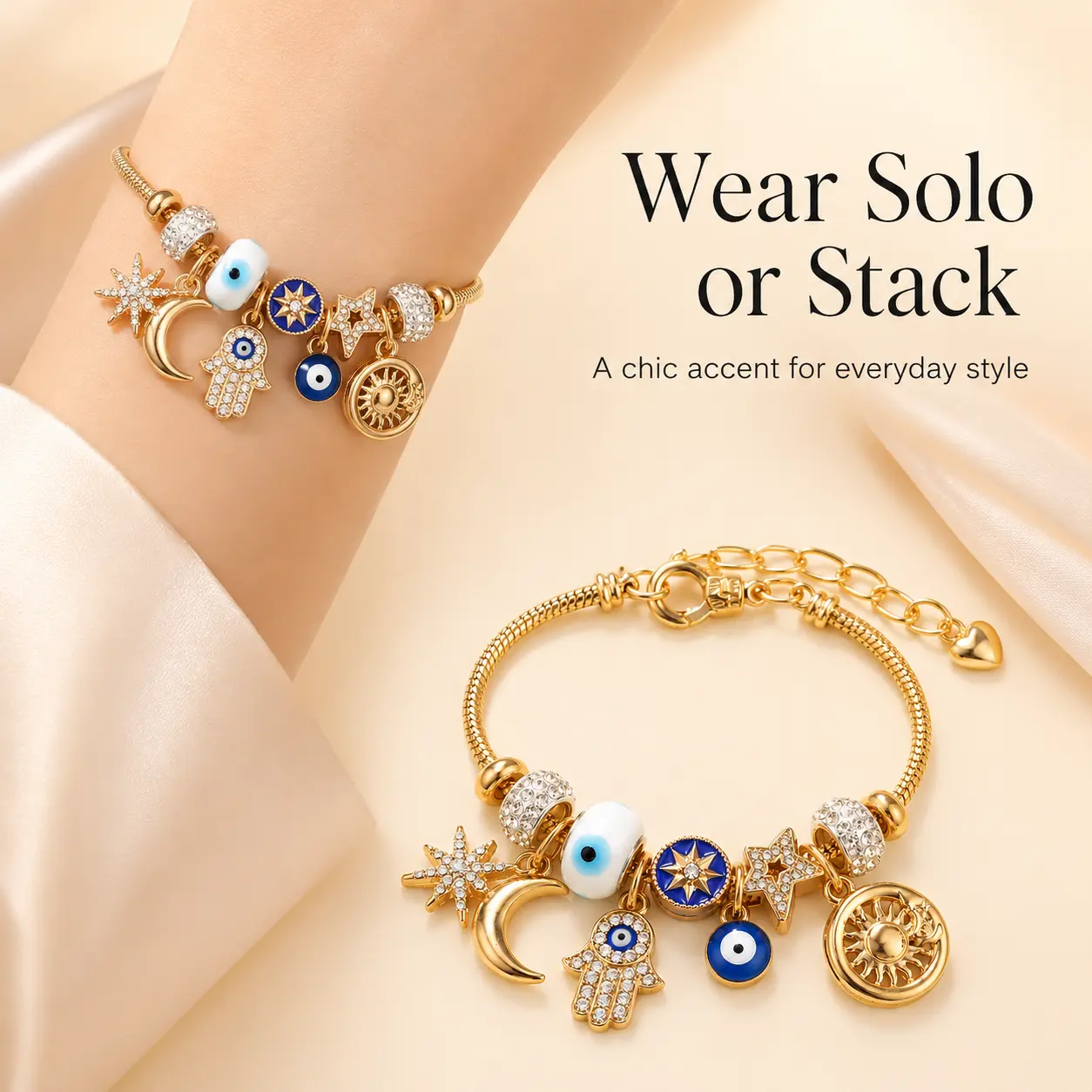 Celestial Charm Bracelet for Women| Moon, Hamsa Hand, Evil Eye & Tree of Life Charms| Gold Adjustable Chain| Fashion Jewelry Gift - MM2