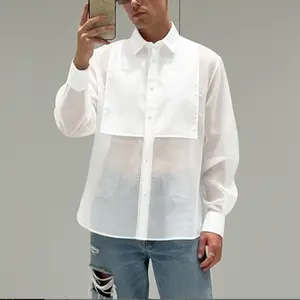 INCERUN Men's Summer [Party/Clubwear] [Shirt/Top] Sheer Mesh Splicing Solid Bib Front Long Sleeve See Through