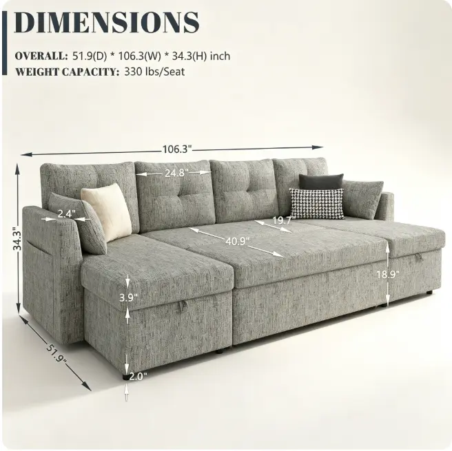 【2-3 Packages】 Oversized Sleeper Sofa Couch, 106 inch 2 in 1 Pullout Couch Bed with Double Storage Chaise, Sectional Sleeper Sofa Bed with Side Pocket for Living Room#daybed