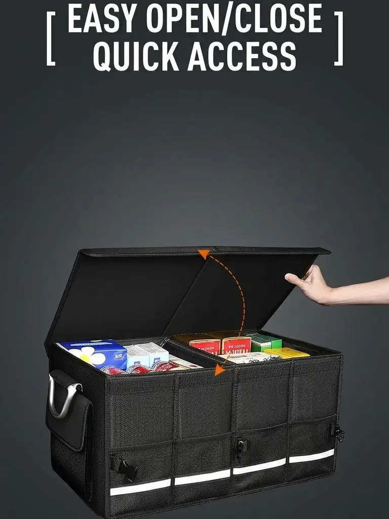 55 liters of massive storage. Zero clutter.  Comes with a detachable lid and folds flat in seconds. Your car deserves this minimalist upgrade