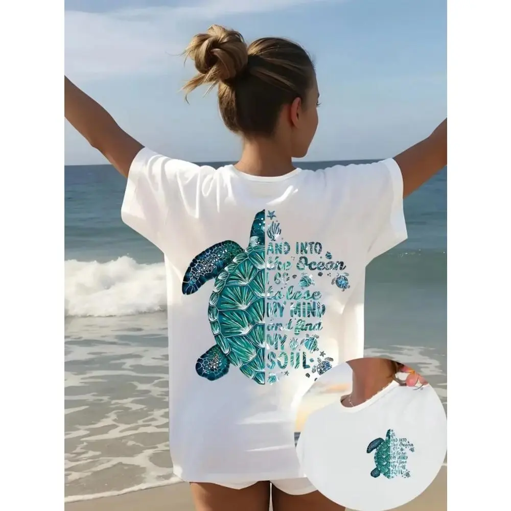 Women's T-Shirt, Casual Oversized Top with Sea Turtle Ocean Print, Soft Short Sleeve for Summer Beach Vacation, Lady, Women's Clothes, T Shirts, Trendy T-Shirts