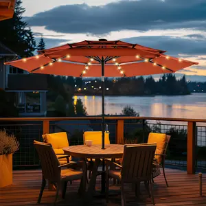 [30MPH Windproof] 9FT 3-Tiers Outdoor Patio Umbrella | 5-Year Fade Resistant, UPF50+ UV Protection | Vented Commercial Market Umbrella with 8 Sturdy Ribs | Push Button Tilt, Crank Handle | Pool, Backyard Shade | No Base