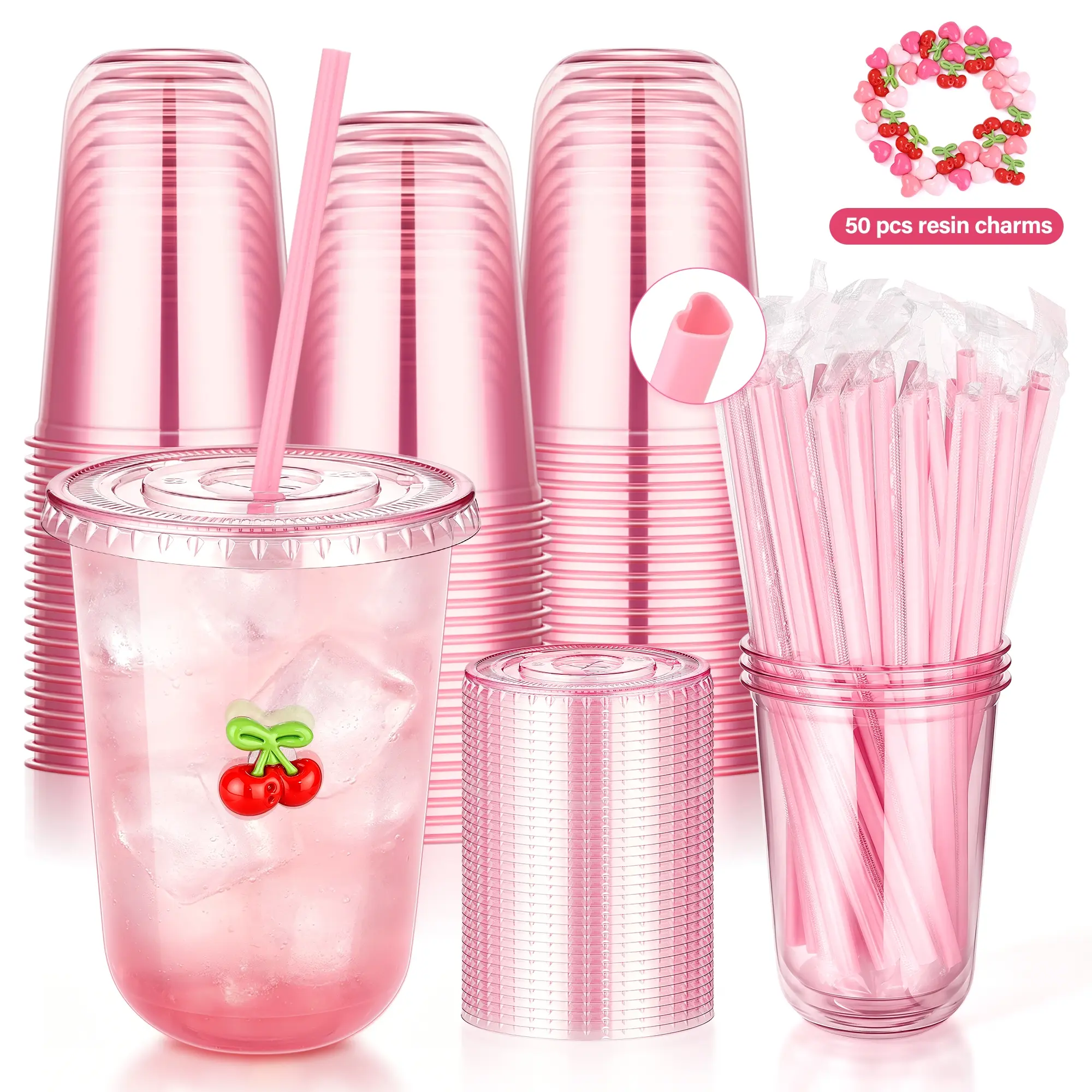 Pink Plastic Cups with Lids & Pink Heart Straws, 50 Pack 400ml Disposable Party Cups with 50 Resin Charms BPA-Free PET Cold Drink Cups for Iced Coffee to go , Smoothies, Galentines,gril night,Birthdays,Wedding，whimsy  style,Round-Bottom
