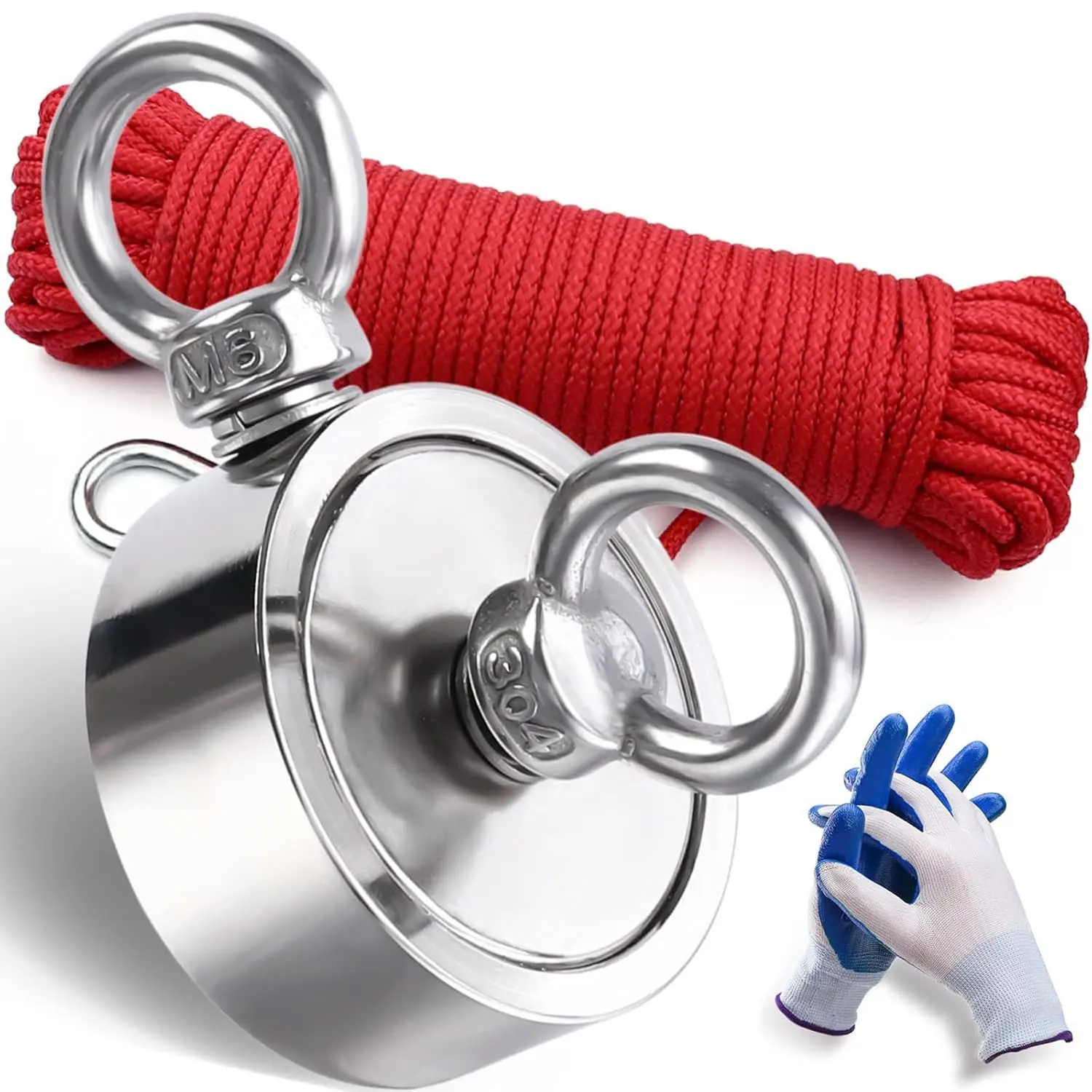 Strong Double Side Neodymium Fishing Magnets,350Lbs(249 KG) Pulling Force Rare Earth Magnet with 10m (33 Foot) Durable Rope and Protective Gloves,for Retrieving in River and Magnetic Fish
