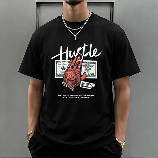 Men's "Hustle" Premium Pure Cotton Short-Sleeve T-Shirt - Menswear Streetwear, Round Neck, US Dollar Print, Black, Loose Casual Fit, 2026 TikTok Trend Tshirt