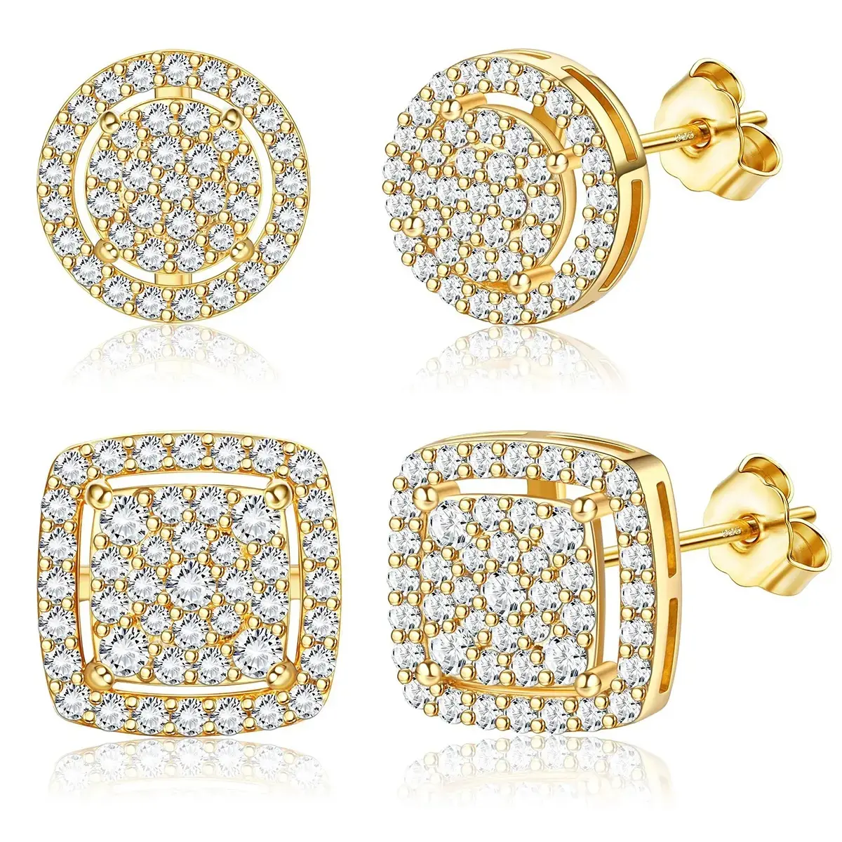 Men's Earrings 14K Gold/Silver Iced Out Square Stud Earrings Set for Men Women Fashion Jewelry