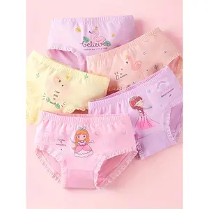 5-Pack Girls' Cotton Underwear - Soft Elastic Triangle Underwear, Cute Cartoon Animal and Princess Patterns, Pastel Colors, Lace Trim, Comfortable All-Season Cute Underwear Little Girls