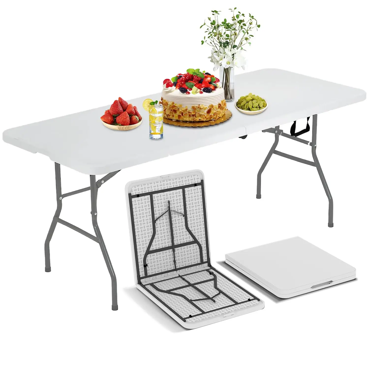 6ft White Plastic Folding Table with Locking Mechanism, Portable Carry Handle, Built-in Alloy Steel Legs for Parties, Camping, Multi-purpose Indoor Outdoor Furniture