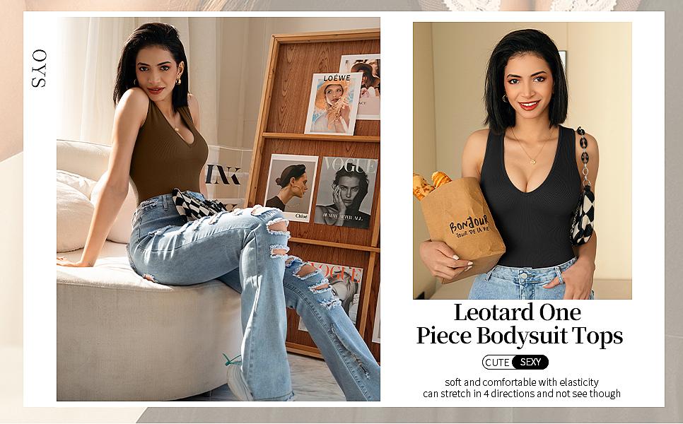 OYS Women's 2 Piece Sleeveless Deep V Neck Ribbed Leotard One Piece Bodysuit Tops OYS Women's 2 Piece Sleeveless Deep V Neck Ribbed Leotard One Piece Bodysuit Tops