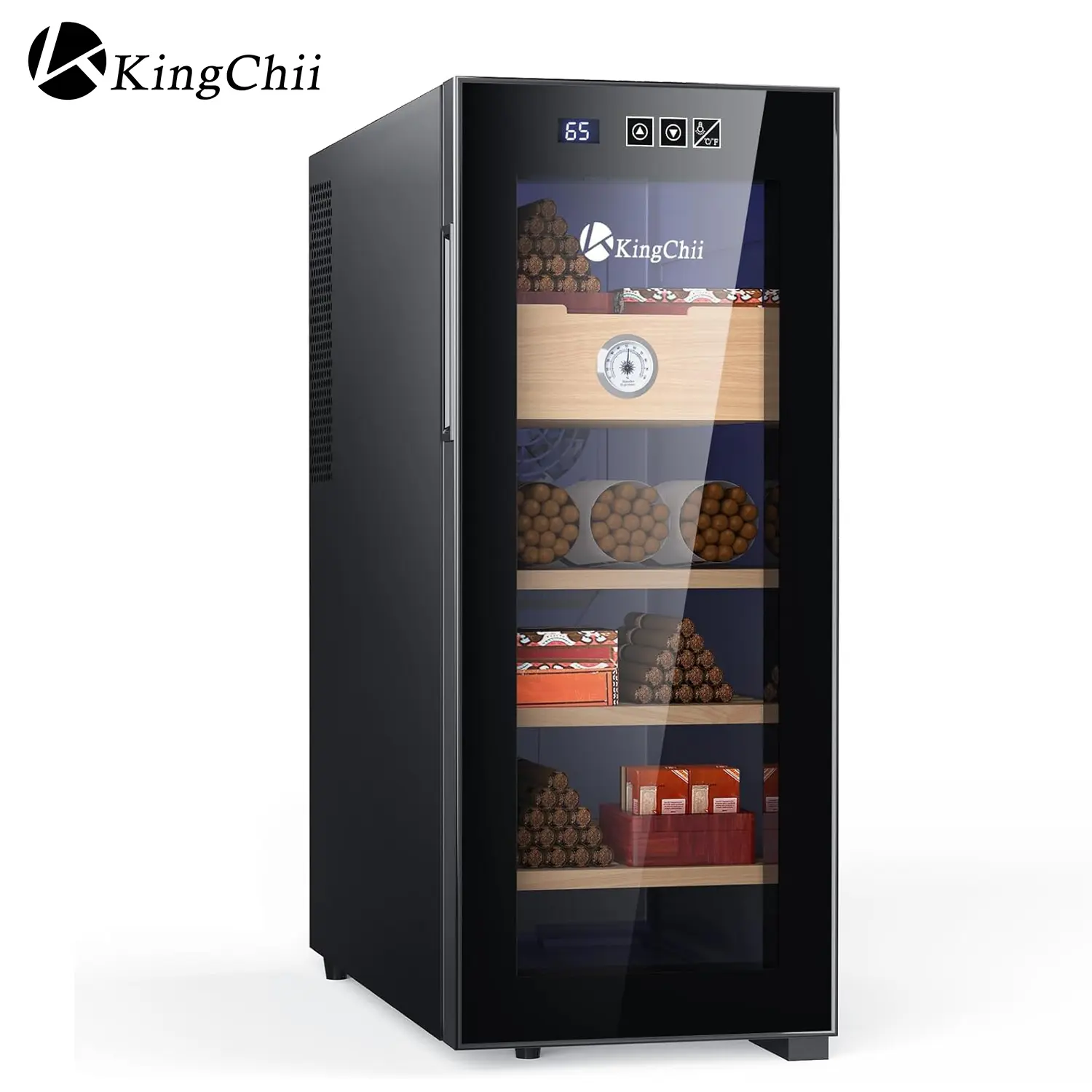 KingChii 33L Premium Spanish Cedar Storage Cabinet - 4 Layers, 250-Capacity, Built-in Hygrometer, Precision Temperature Control, Luxury Black Household Humidifier Storage Case