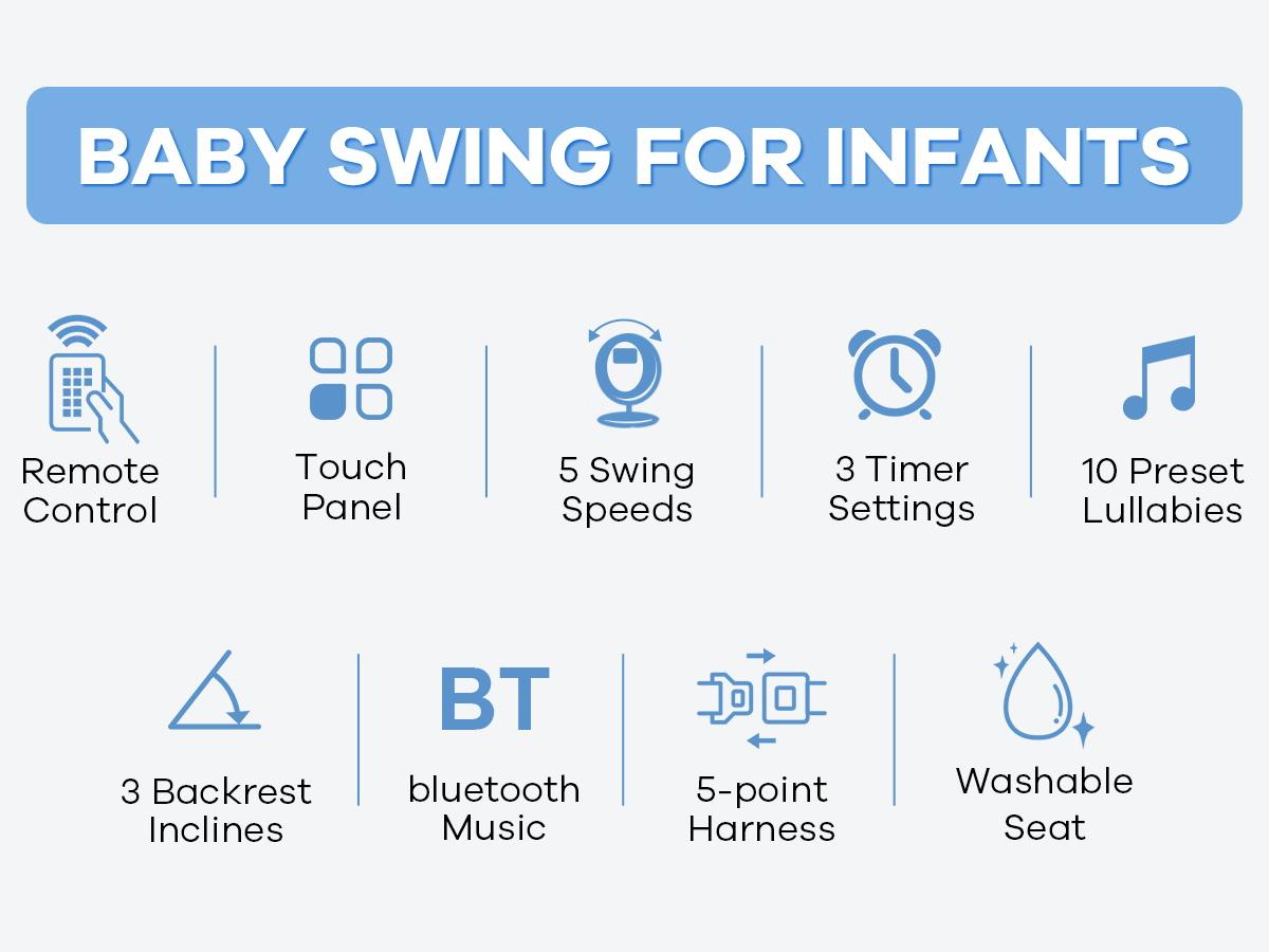 Baby Electric Bouncer, Baby Rocker, Electric swing, 5 Speed & 10 Lullabies, Baby Bassinet, Adapter & Battery Powered, For Indoor Use, Remote Control