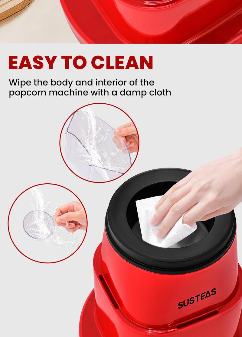 SUSTEAS American Hot Air Popcorn Machine - Electric Popcorn Maker with 4 Serving Bowls, Oil-Free, Efficient Hot Air System, Quick and Easy Clean