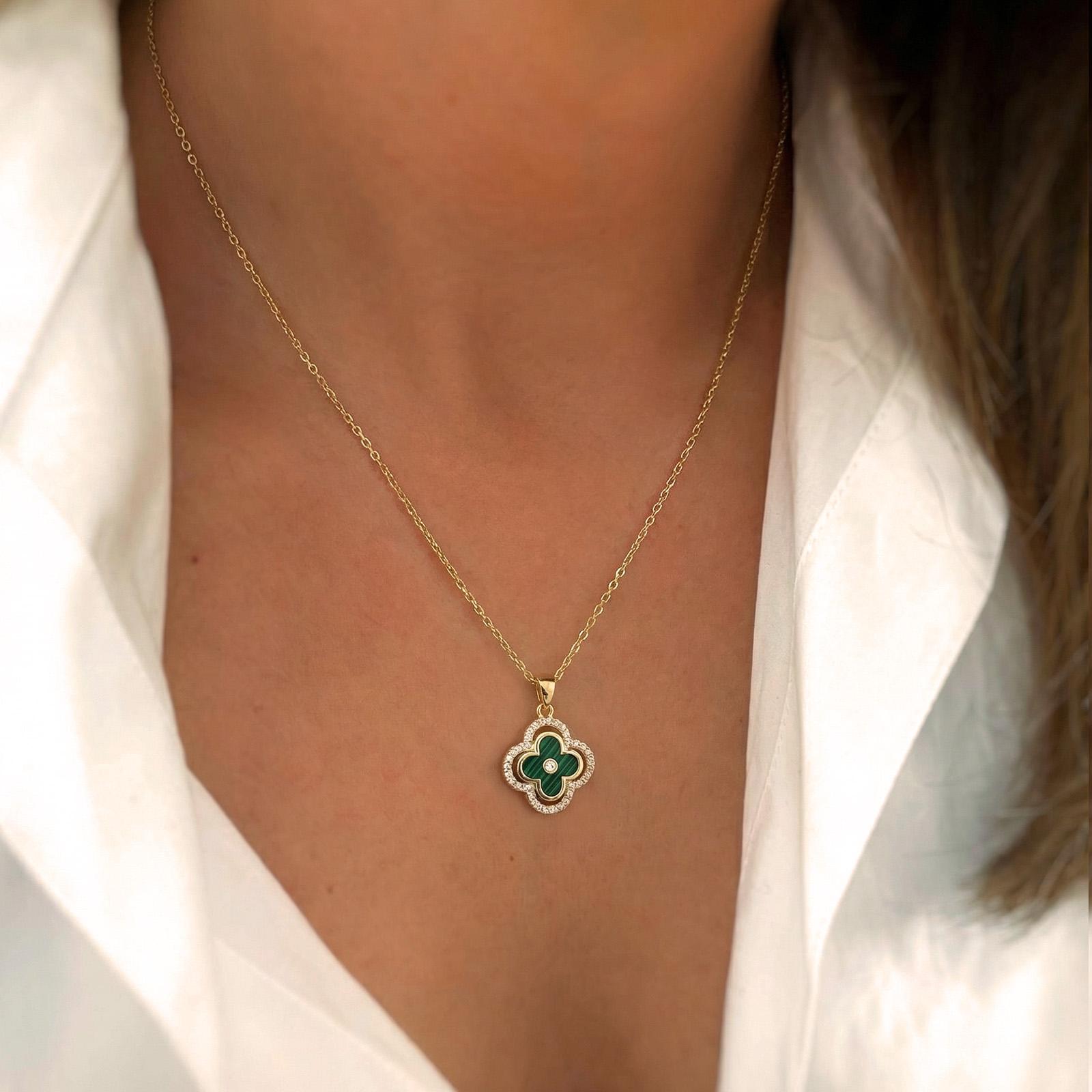 Turandoss Lucky 4-leaf Clover Necklace — CZ Sparkle, 14K Gold Plated, Valentine’s Gift for Women SpringStatements