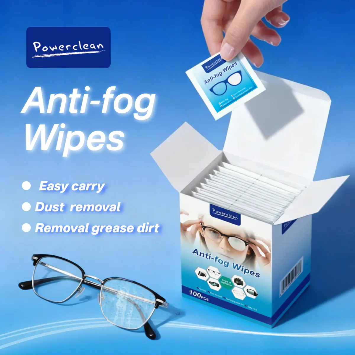 Pickzone Anti-Fog Lens Wipes - 100pcs Multipack Individually Wrapped Streak-Free Cleaner for Eyeglasses, Goggles, Sunglasses, Phone & Electronic Screens (Portable for On-the-Go Clean)