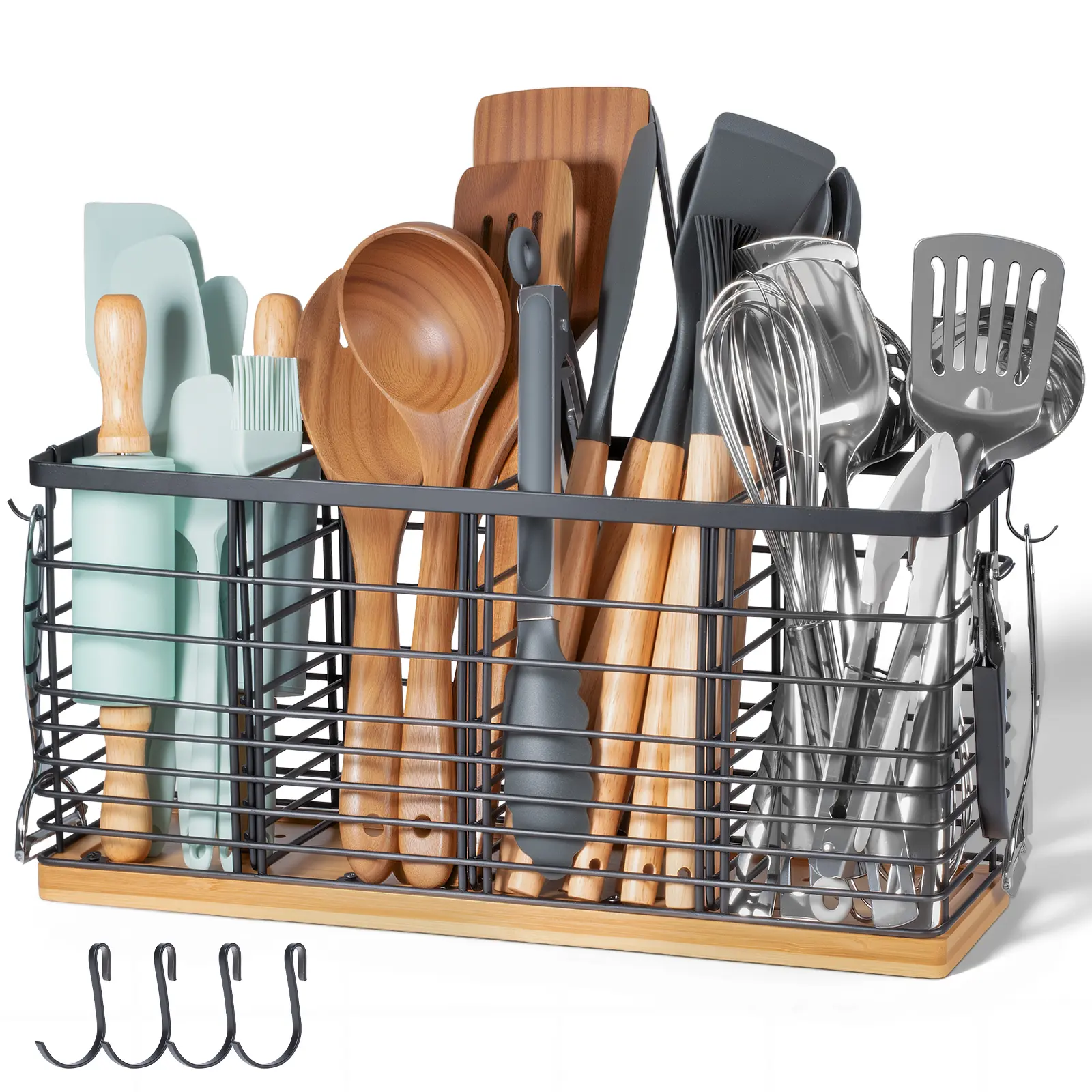4-Compartment Extra Large Sturdy Metal-Wood Kitchen Utensil Rack with 4.3" Wide Storage, Wooden Base, Matte Black Countertop Organizer and 4 Tool Hooks