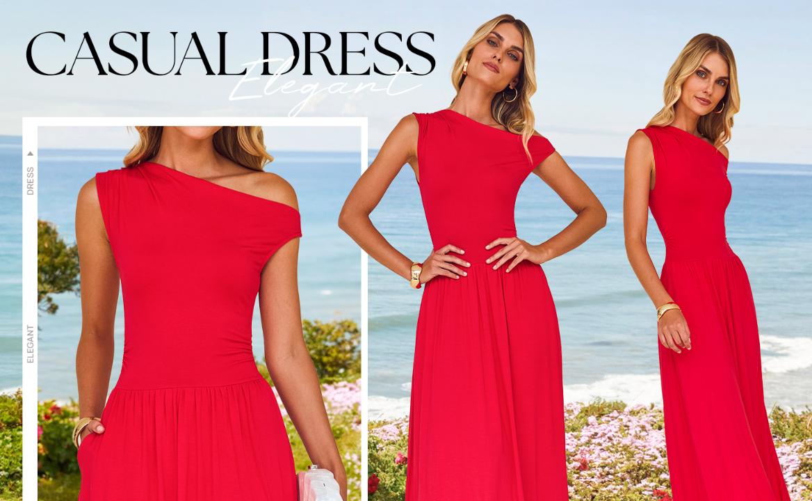 ZESICA Women's Summer 2025 Sleeveless Maxi Dress One Shoulder Casual Slim Swing Pleated Formal Dresses with Pockets