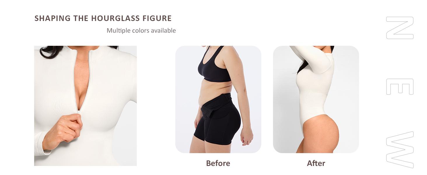 FeelinGirl Long Sleeve Bodysuit for Women Mock Turtle Neck Body Suits Zip Up Design Black Tummy Control Bodysuit Shirts fall   Womenswear Collar Fabric Nylon