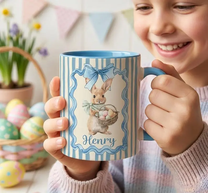 Personalized Cute Easter Egg Bunny 11 oz Accent Mug, Custom Name Mug, Easter Party Gift for Kids