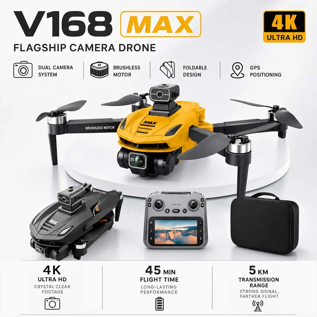 New Upgrade V168 PRO MAX Drone - 4K Camera, Fine Obstacle Avoidance, 1-Button Return, 1-Button Take-Off, GPS Positioning, 5G Signal Connection