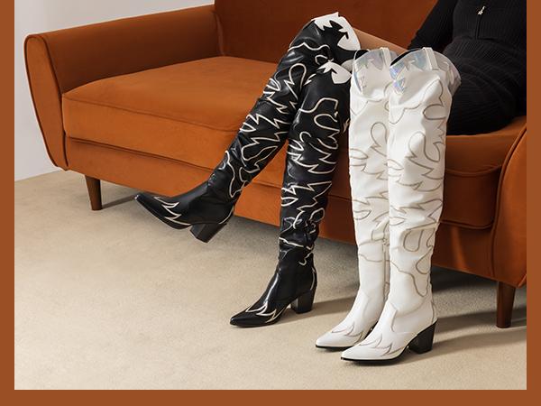 Dream Pairs Western-Embroidered Thigh-High Cowgirl Boots – Pull-On Stiletto Heel, Festival-Ready Detail