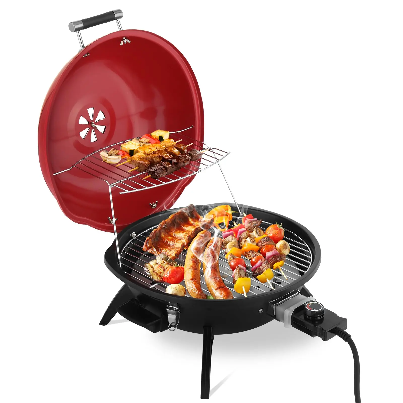 Indoor/Outdoor Electric Grill, 1600W Portable Removable Stand Grill with Double Layer Design for Countertops, BBQ, Patio & Backyard (Red)