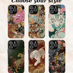 Vintage Chinese Tiger Artistic Tough Phone Case – Cute Chinese-Inspired Traditional Art Tigers Cover for iPhone 11, 12, 13, 14, 15, 16, 17 Pro Max Plus