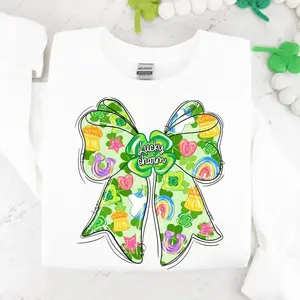 [Sale off up to 50%] Lucky Charm Clover Bow Sweatshirt, St Patricks Day Shirt, streetwear graphic tee