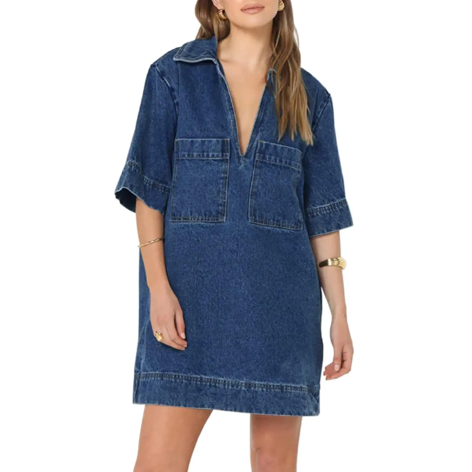 Wenrine Women's Minimalist Loose Basic Denim Shirt Dress - Summer Collared V-Neck Mini Casual Wear with Pockets, Flattering Fit