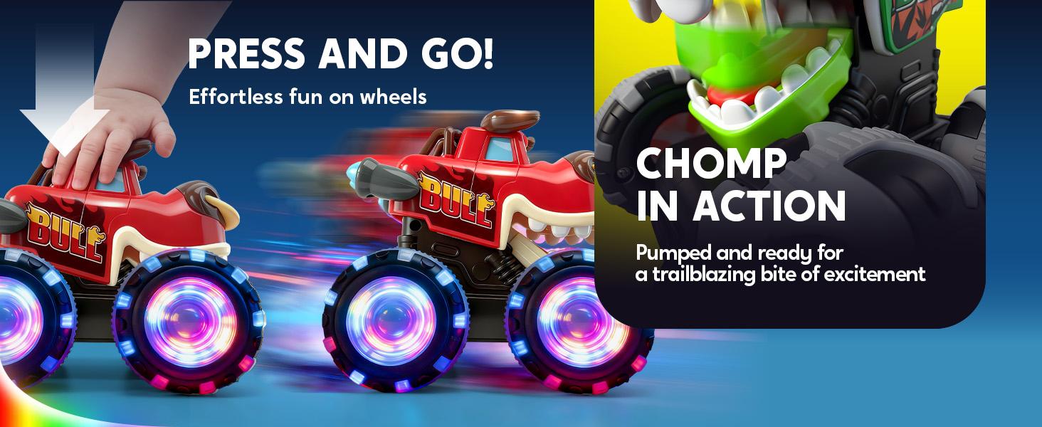 JOYIN Toys for Kids 3 Pack Monster Truck Toy, Motion Activated Light-Up Cars, Press & Go Cars for Boys Girls, Christmas Gifts for Kids Baby Toy Present Dinosaur Carrier Truck, BUMP MONSTER TRUCK SET easter gifts for kids