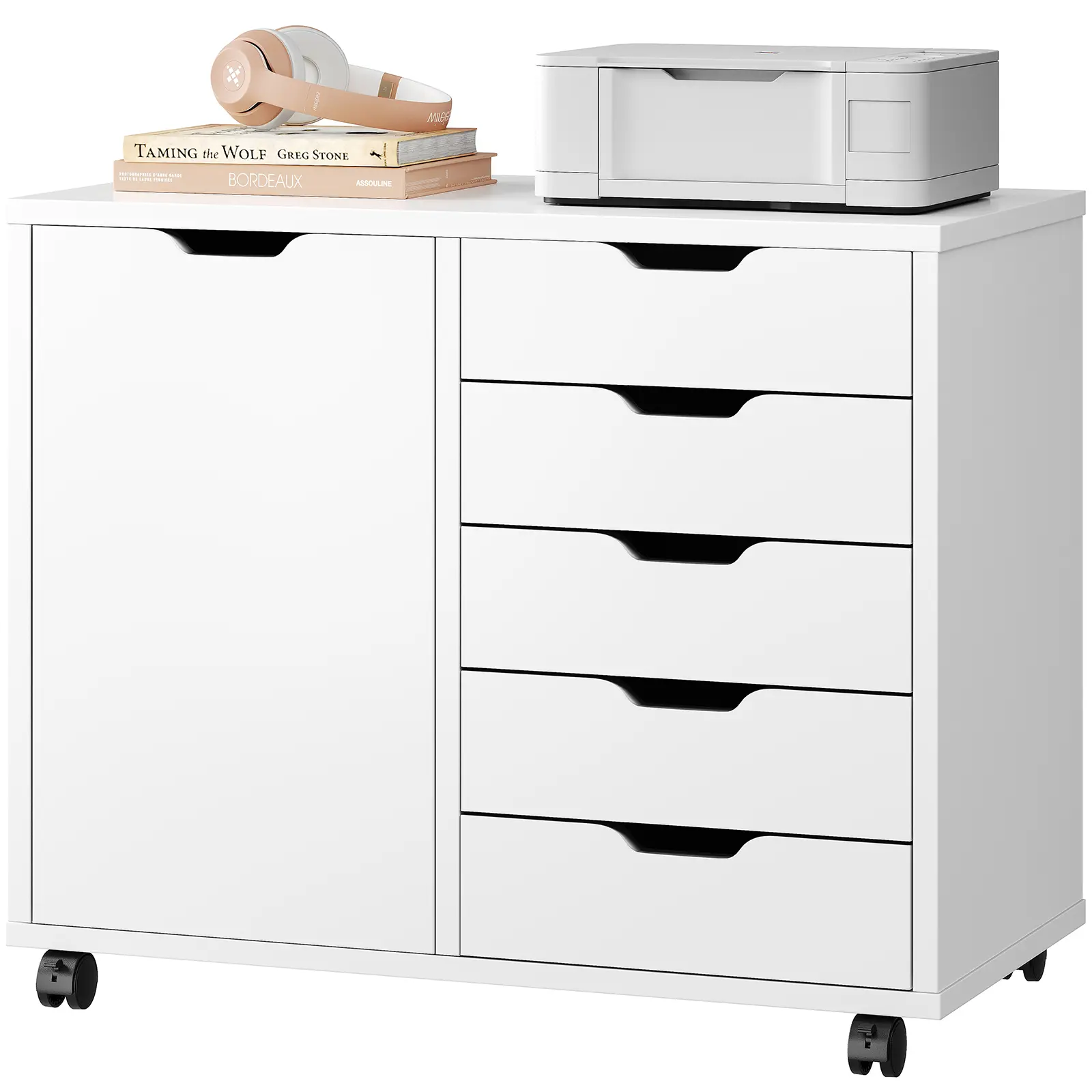 5 Drawer File Cabinet Office Drawers Organizer with Wheels Rolliing, Under Desk Cabinets with Shelves and Door Printer Stand with Wood Board Metal Frame for Home Office Storage Craft Room