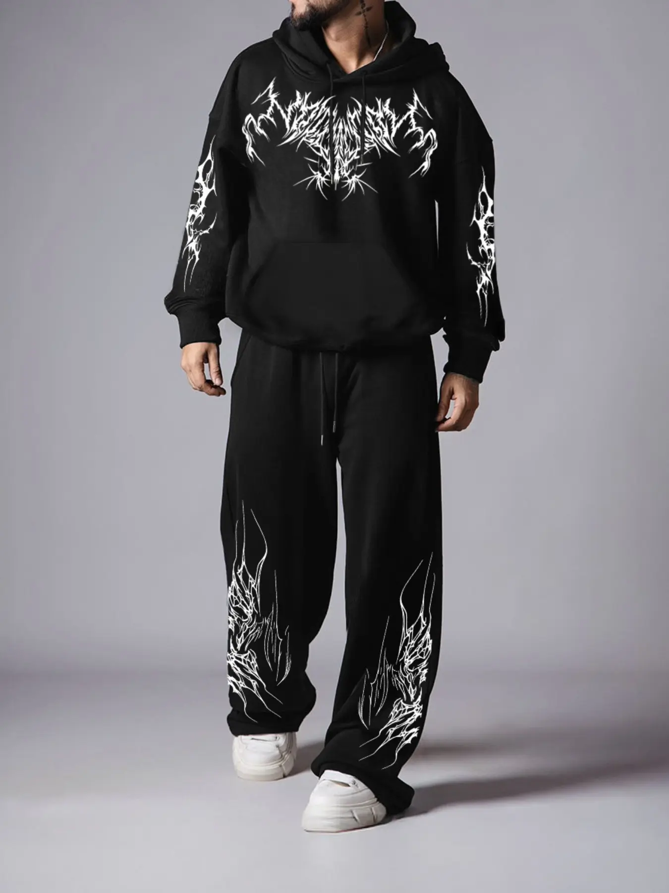 Loose Casual Set - Gothic Metal Style "Thorn Print" Hoodie and Tracksuit Pants Set Streetwear Hooded Tracksuit Set