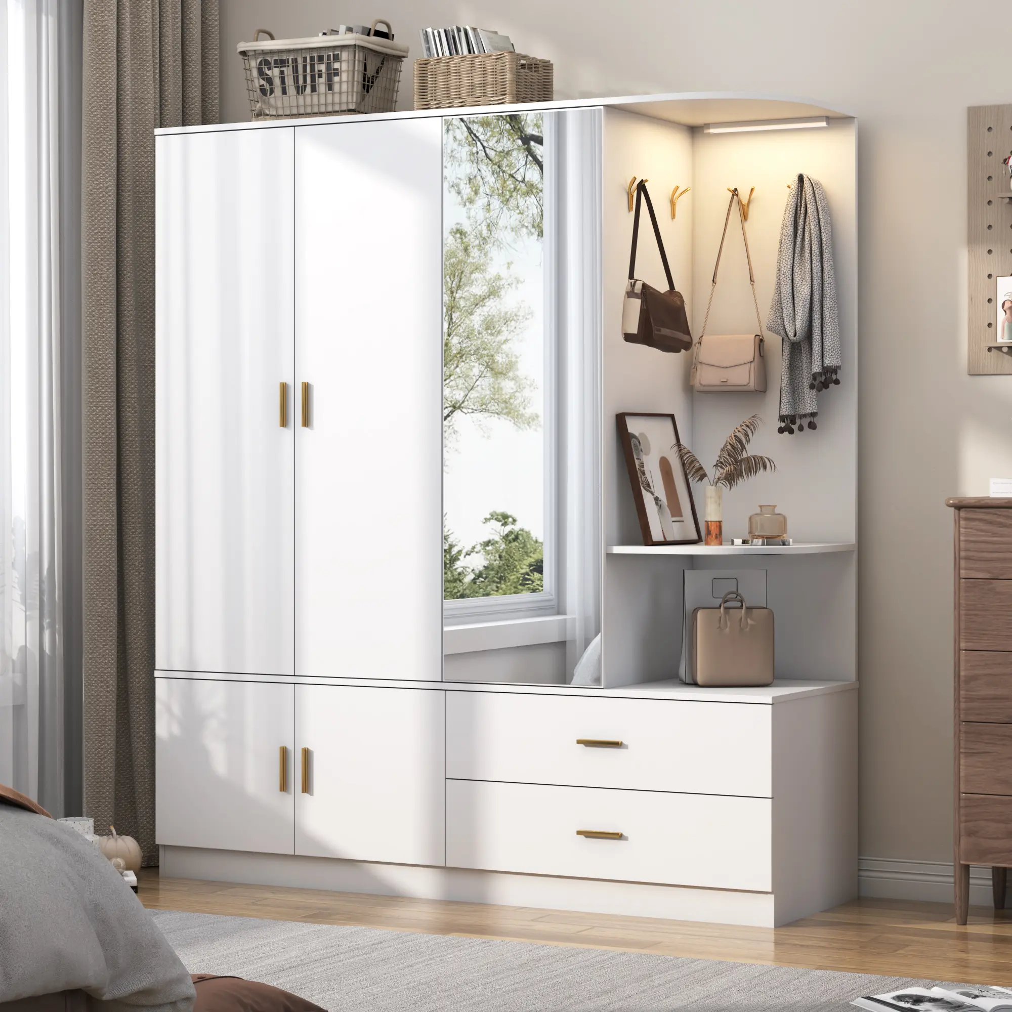 Modern LED Aluminum Indoor Wardrobe Armoire - 5 Doors + Mirrors, Full-Size Acrylic Mirror, 4 Metal Hooks, 2 Drawers, Shelves, Sensor Lighting, Closet Storage for Modern Bedroom, Assembly Required