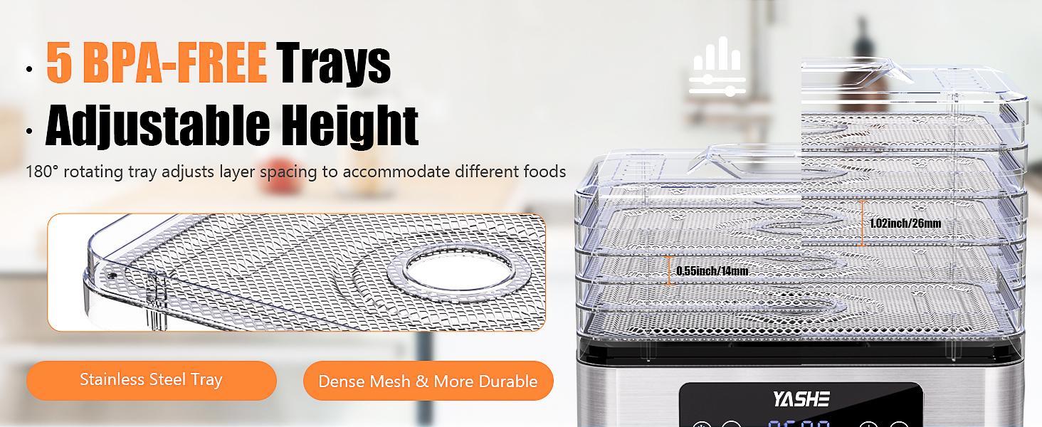 YASHE Food Dehydrator - 5 Trays with Smart Digital Control, 48H Timer & Energy Efficient Design | Perfect for Jerky, Fruit, Vegetables, Herbs & Dog Treats | Includes Recipe Book, Auto Shut-Off & Quiet Operation
