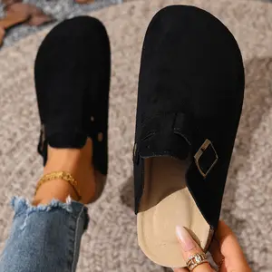 Women's Suede Clog Mules Slippers Retro Slip-On Shoes with Adjustable Buckle Indoor Outdoor Shoes Springfresh