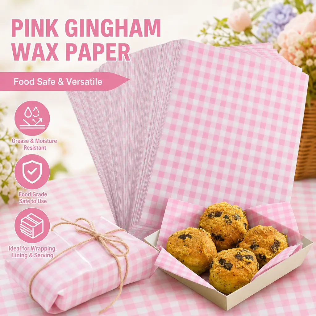 300Pcs Pink Gingham Square Memorial Day Waxed Deli Paper Sheets, 7×7 in Greaseproof Waterproof Microwave-Safe Moisture-Lock Kitchen Bakeware Liners, Disposable Baking Accessories for Sandwiches, Packing Lunch (Home Baking Supplies Included)
