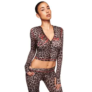 European and American new cross-border fashion printed trendy street casual leopard print zipper long-sleeved jacket and pants set