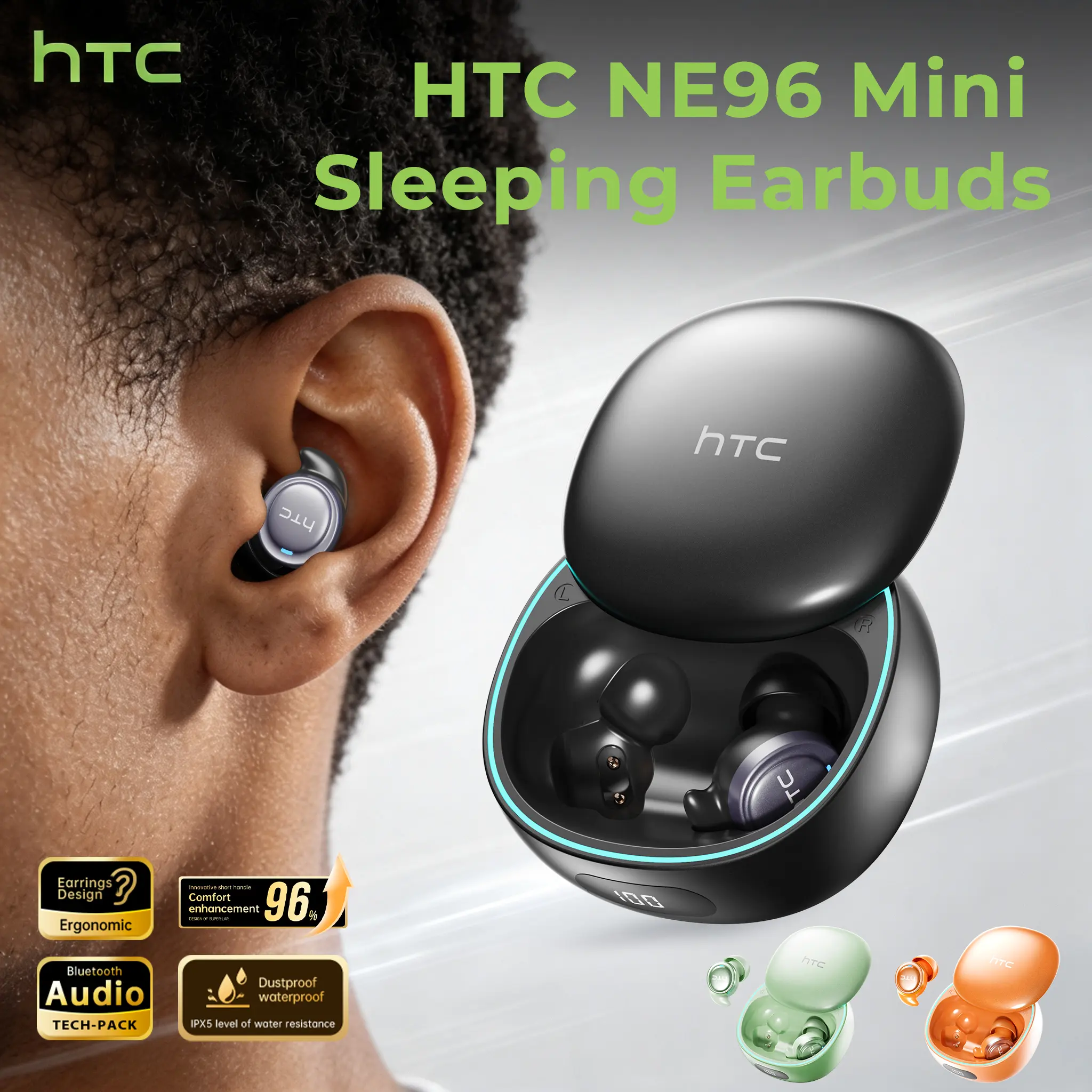 HTC NE96 Metal/Plastic Bluetooth 6.0 Rechargeable Wireless Earbuds - Mini Invisible In-Ear Pair, Waterproof Sleep & Gaming Earphones with Built-In Microphone for Sports, Office, Audio Calls