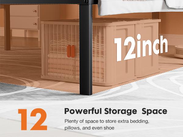 Metal Bed Frame,Twin Size Bed Frame with Storage Space,Heavy Duty Sturdy Mattress Foundation,Easy Assembly,No Box Spring Needed, Black,12 Inch,Twin