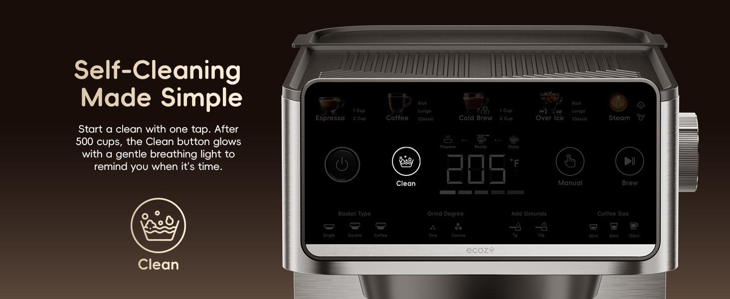 ecozy  4-in-1 Espresso Machine, Drip Coffee, Cold Brew and Over lce Machine with Touch Screen, Milk Frother Steam Wand, Stainless Steel, Coffee Maker for Cappuccinos, Lattes, Americanos