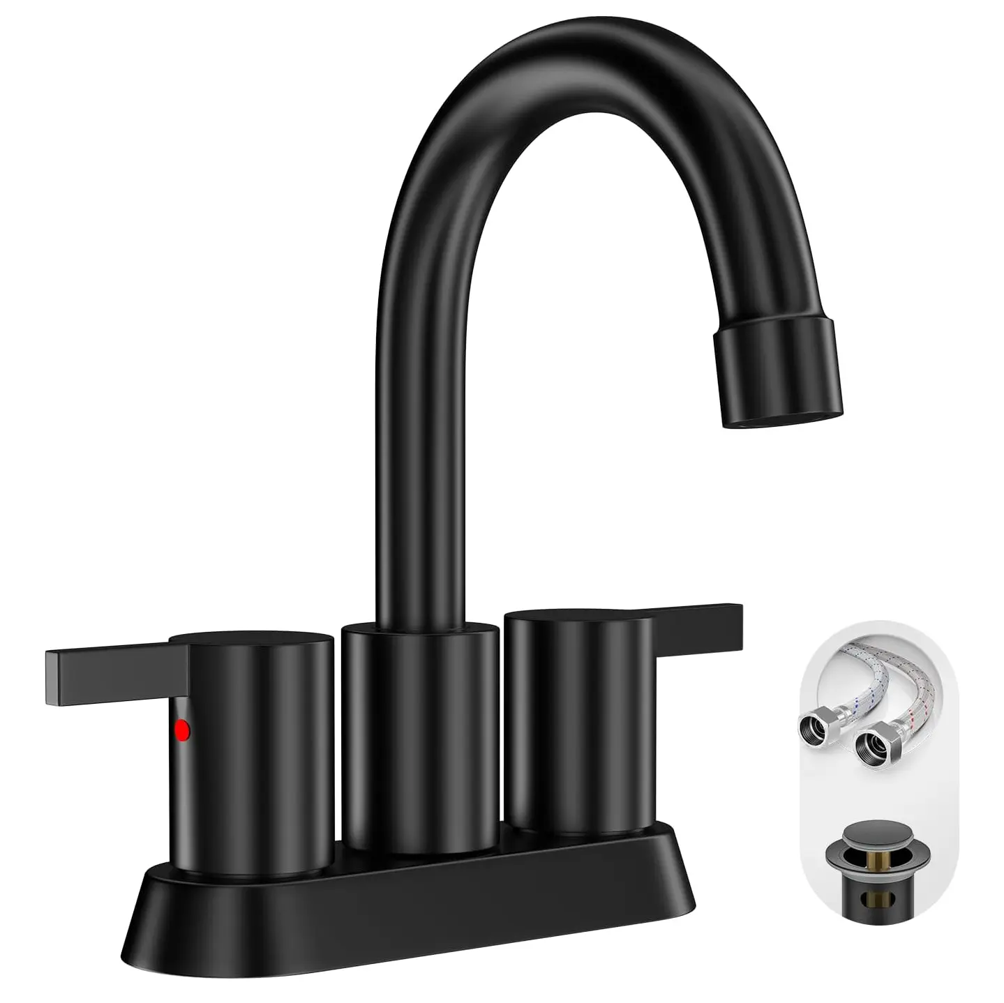 Matte Black 4-Inch 2-Handle Centerset Lead-Free Modern Bathroom Faucet Set - Rust-Resistant Nylon & SS, Plastic Build, 360° Swivel Spout, 2-3 Hole Fit for RV Vanity Sink, Pop Up Drain, Water Supply Lines, Easy Install, Easy to Clean, 2–3 Hole Ready