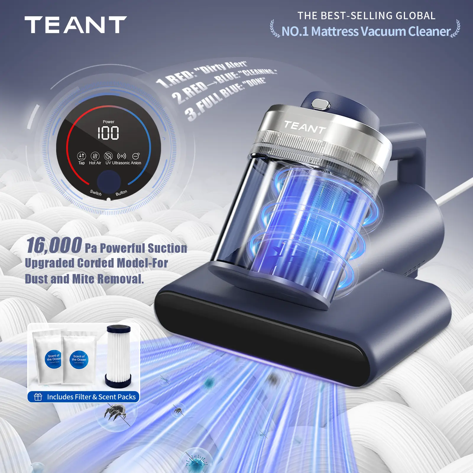Teant Mattress Vacuum Cleaner for Dust Mites – 16kPa Powerful Suction UV-C Mattress Cleaner with Intelligent LED Display, 149°F Hot Air Sterilization, Aroma & Anion, HEPA Filter, Lightweight Deep Cleaner for Pet Hair on Bed, Sofa for Clean Living
