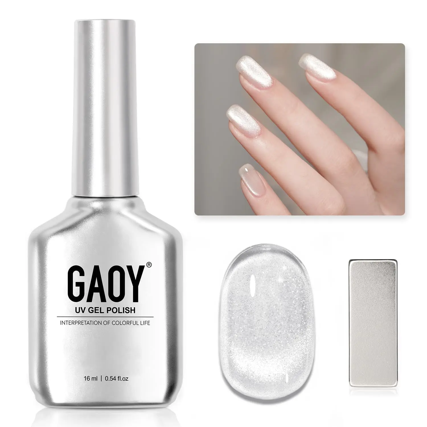 GAOY Cat Eye Gel Nail Polish, Reflective Holographic Silver Glitter UV Gel, Free Magnet Included, 16ml Per Bottle, Ideal Gift for DIY Nail Salon & Home Nail Art