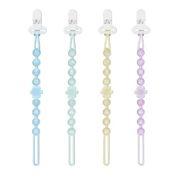 4 Pack Silicone Pacifier Clip Holders – One-Piece Beads, Soft Flexible Clips for Teething Relief, Rust-Free Baby Essentials, Safe for Boys & Girls
