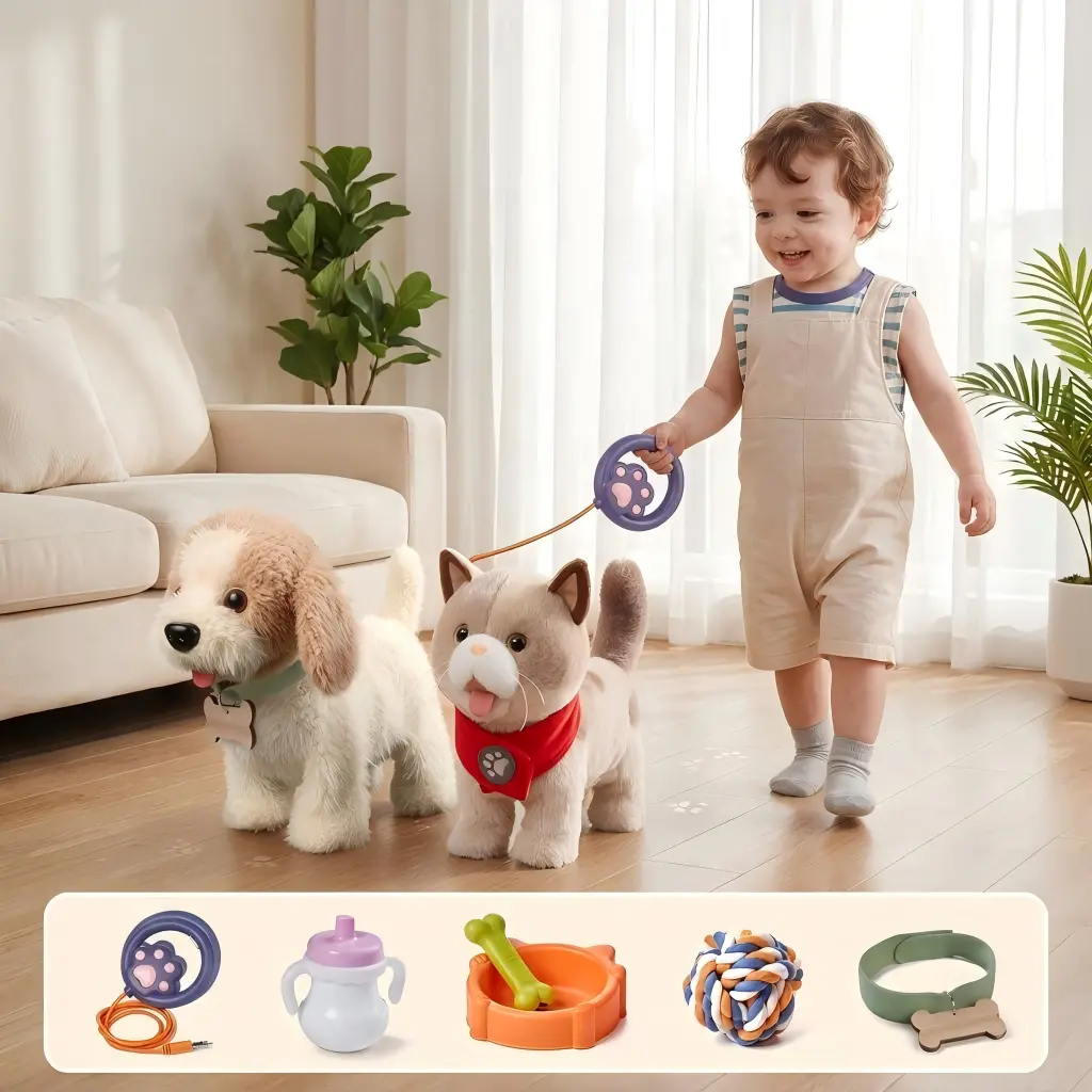 TUMAMA Interactive Electric Plush Pet Playset, Walking Voice Control Puppy & Kitten Variants for Kids Ages 3Y+ tail wagging