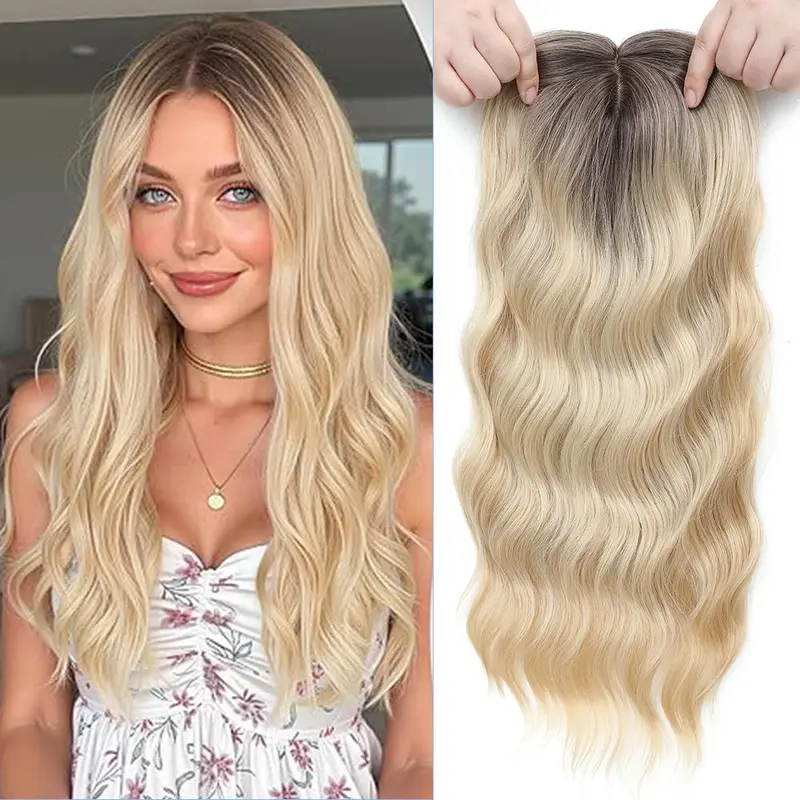 18inch Synthetic Hair Toppers for Women, 3D Toppers Synthetic Hair Pieces for Women, 18 Inch Long Curly Hair Topper with Side Bangs, Wavy Hair Toppers with Thinning Hair Wiglet