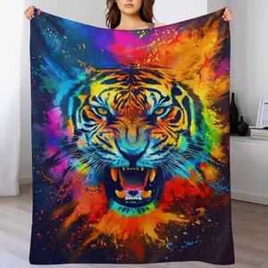Flying Eagle Theme Blanket , Vibrant Tiger Blanket, Colorful Tie-Dye Animal Print | Ferocious Tiger Face Flannel Throw for Boys & Men | Bold Wildlife Art Blanket for Bedroom & Couch